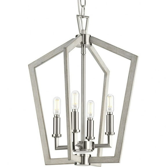 Progress Lighting Galloway 4-Light Foyer Pendant, Brushed Nickel, Open Frame, Grey Washed Oak, Candelabra Bulbs