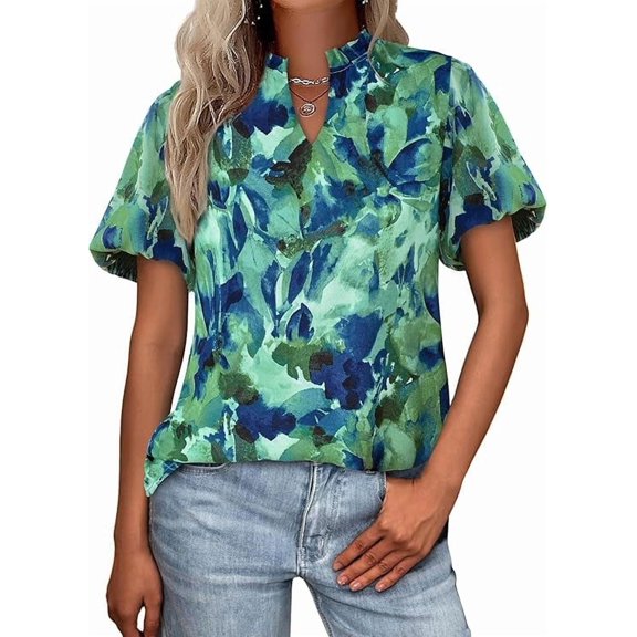 PRETTYGARDEN Boho Short Sleeve Floral Work Blouses for Women Dressy Casual V Neck Puff Sleeve Loose Chiffon Flowy Tops Shirts