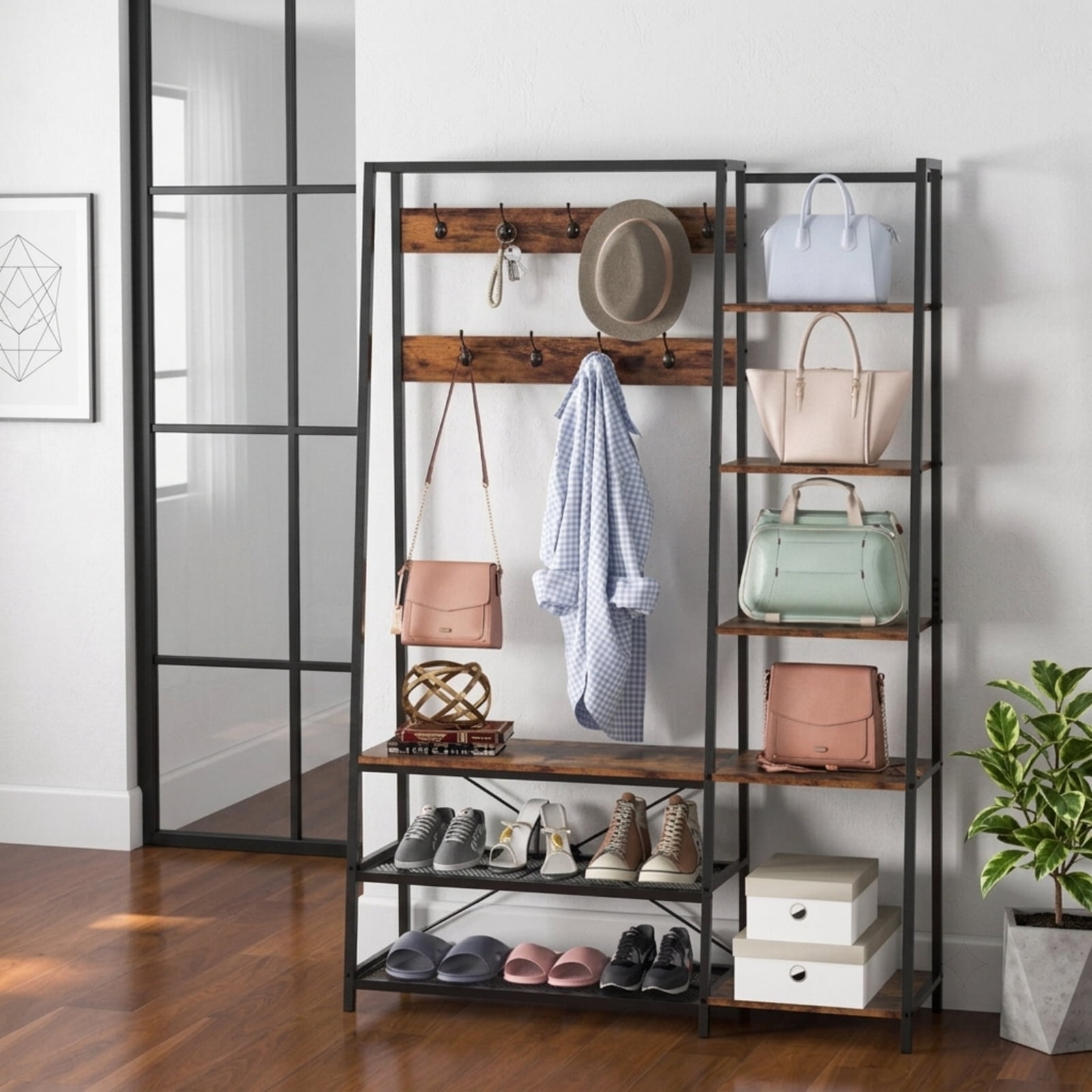 Furnibear 5 in 1 Entryway Hall Tree with Storage Bench and 9 Hooks and Shoe Shelves for Mudroom and Bedroom, Rustic Brown