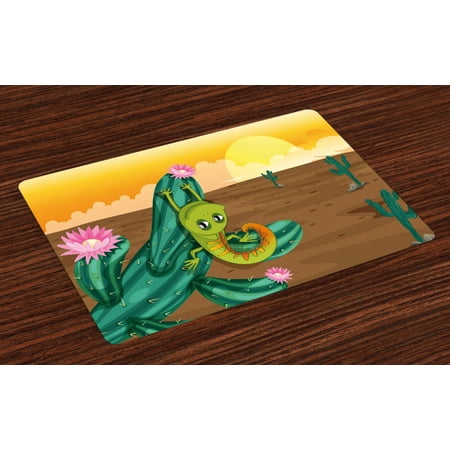 

Cactus Placemats Set of 4 Cartoon Style Desert Setting Sun Chameleon on a Cactus Arid Country Barren Heath Washable Fabric Place Mats for Dining Room Kitchen Table Decor Multicolor by Ambesonne