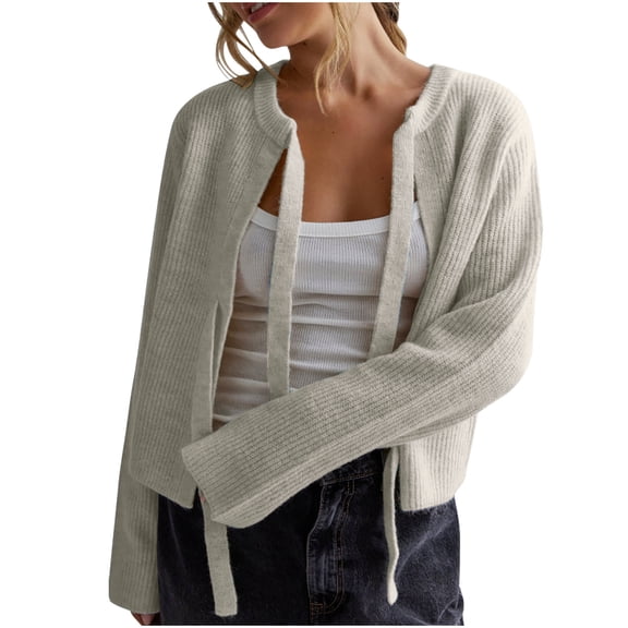 Women Bow Tie Knit Cardigan Crew Neck Casual Open Front Sweater Casual Solid Color Long Sleeve Knitted Outerwear (Beige L)