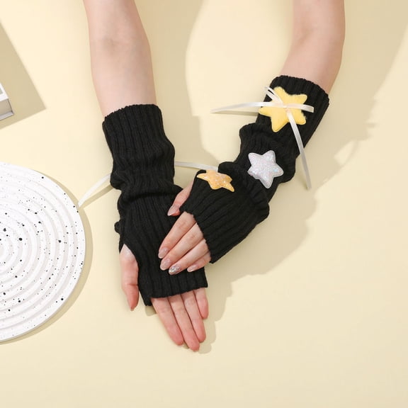Lispipm Ladies Winter Knitted Fingerless Gloves Fall Winter Bow Star Arm Warmers Women Soft Thumb Hole Arm Sleeves Black