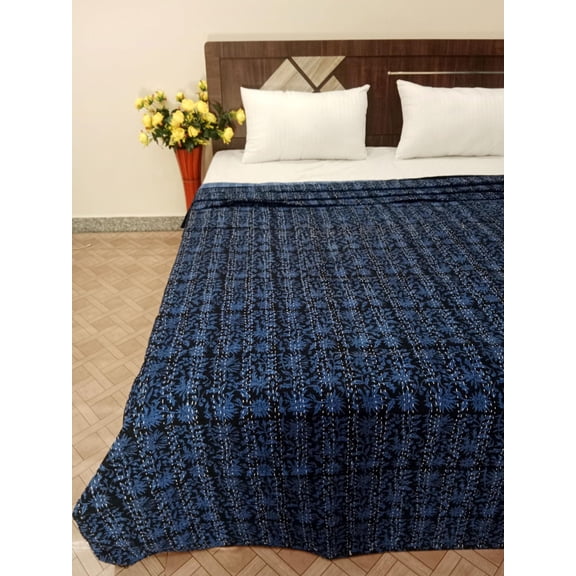 Blue Floral Kantha Quilt: Handblock Print Indian Cotton Bedding