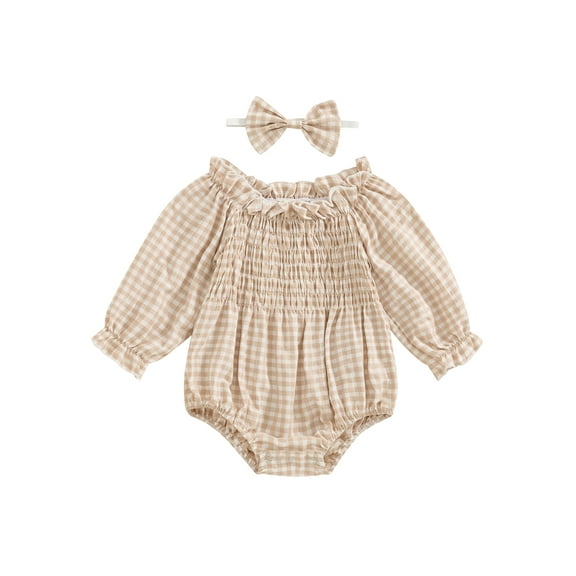 Hirigin Newborn Infant Baby Girl Cotton Linen Plaid Romper 0 3 6 12 18 Months Off Shoulder Long Sleeve Smocked Bodysuit with Headband