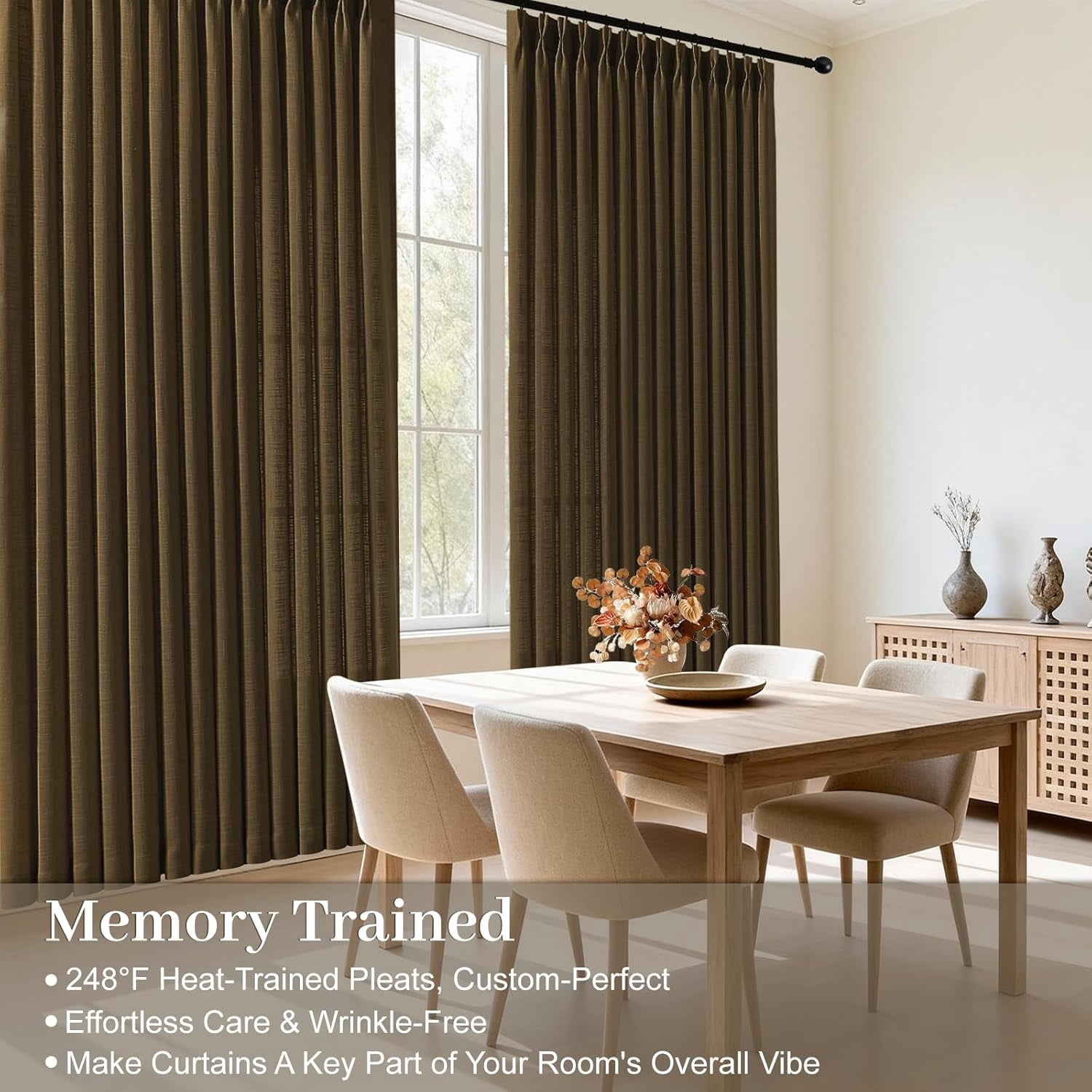 Nalqet Pinch Pleated Linen Curtains 84 inch Length 2 Panels Set, Light Filtering Linen Blend Sheer Drapes Memory Trained Pleated Curtain Back Tab with Hooks Rings for Living Room Bedroom, Chocolate