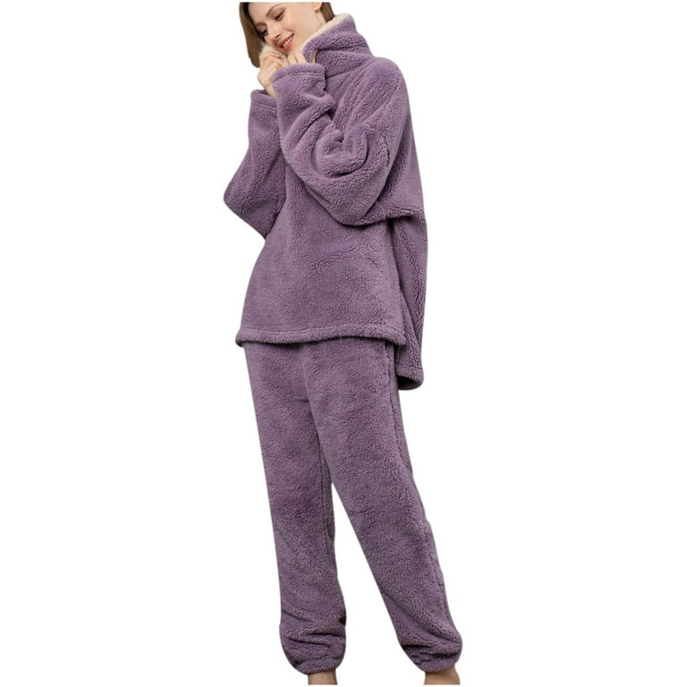 RQYYD Clearance Women's Winter Fluffy Pajamas Set Fleece Pullover Pants  Loose Plush Sleepwear 2 Piece Fuzzy Loungewear Sleepwear Set(Purple,XL) 