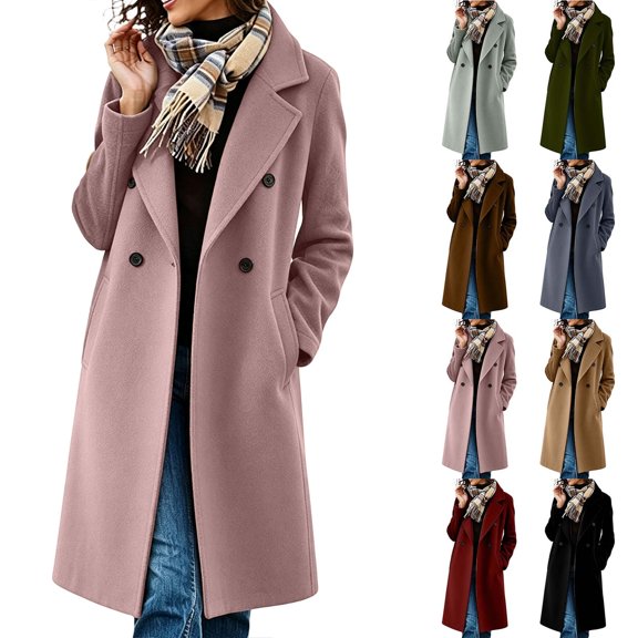 Smsaxvxz Women’s Notched Lapel Double Breasted Pea Coat Long Coats Fall Winter Jackets 2026 Pink S