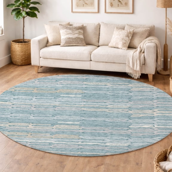 Addison Rugs Chantille Indoor/Outdoor Transitional Stripes Sky Machine Washable Round Rug, 8' x 8'