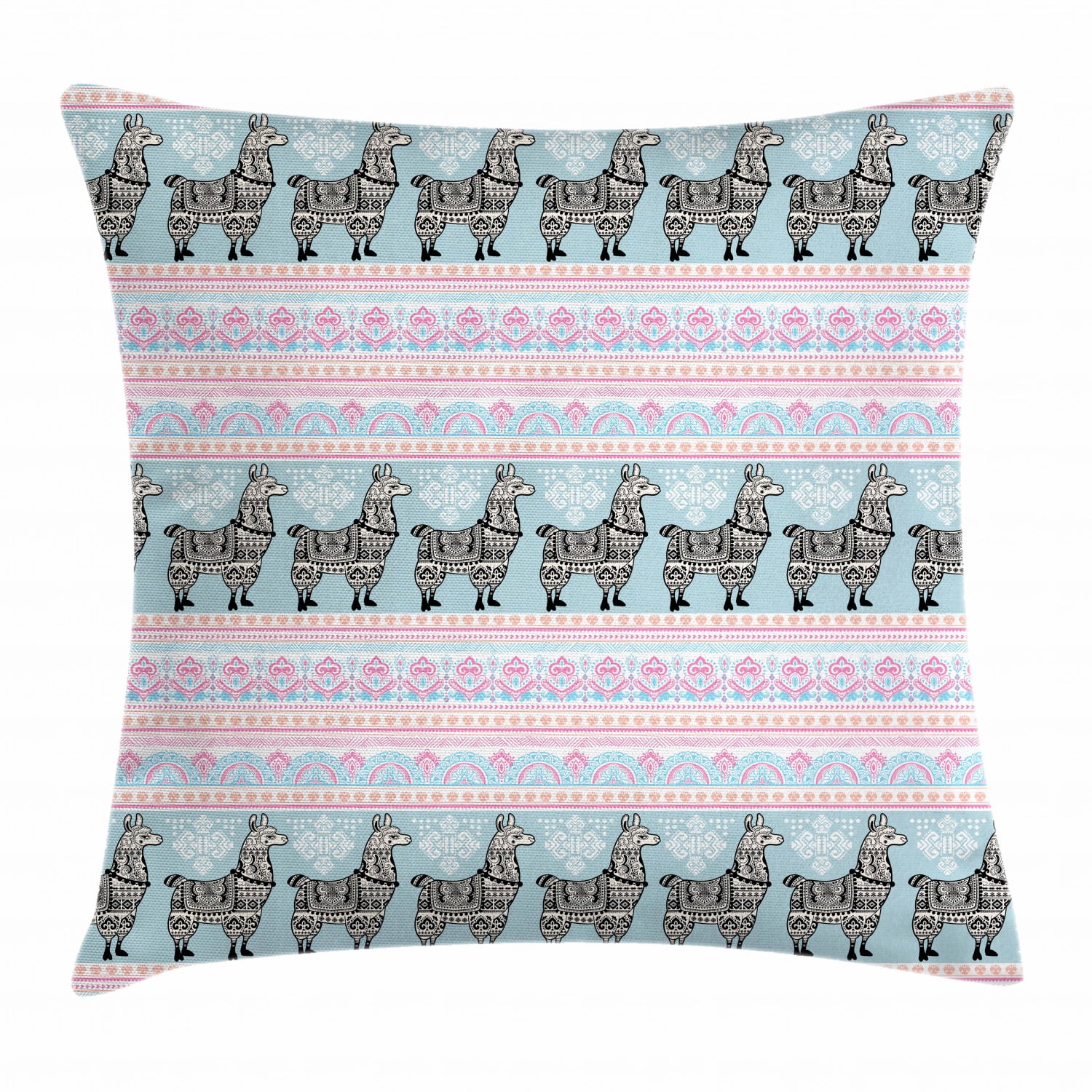 Llama Throw Pillow Cushion Cover, Horizontal Borders with Patterned Alpaca Animal and Ethnic