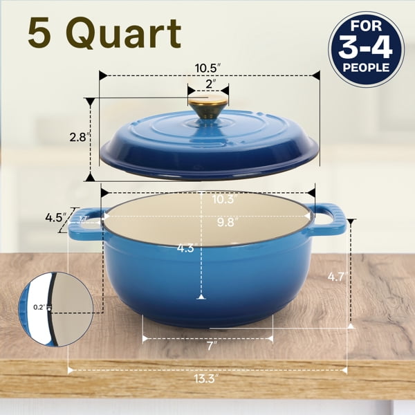 5QT Enameled Cast Iron Dutch Oven - 12LB Thickened Cast Iron, Non-Stick Interior with Heat-Resistant Handles, Oven/Gas/Induction Compatible