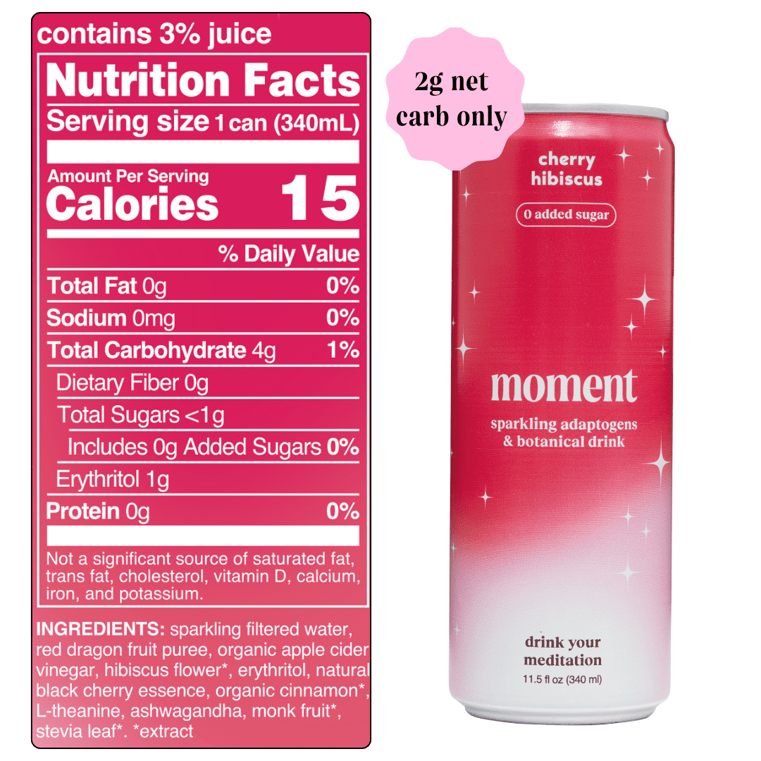 Moment Mocktails Non Alcoholic Drinks (Shark Tank) | SPARKLING Cherry Hibiscus Adaptogen Drink | L-Theanine & Ashwagandha for Calm & Clarity | 0 Added Sugar 0 Caffeine | 12-pack
