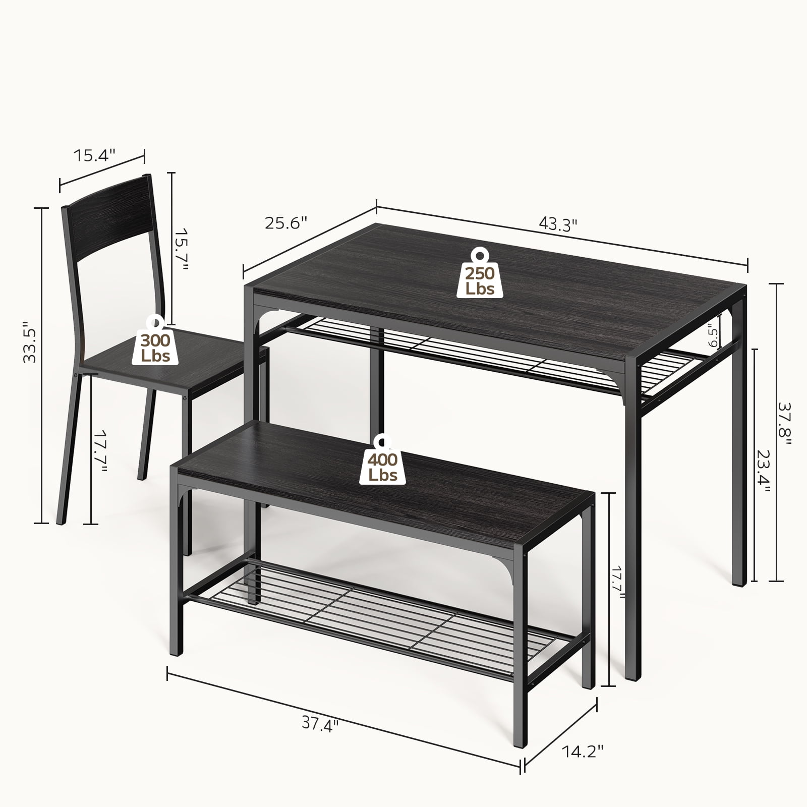 Asofer 4 Piece Dining Table Set for 4 with 2 Chairs & Bench, Kitchen Table with Storage Rack, Space Saving Dining Set for Small Space, Apartment, Black