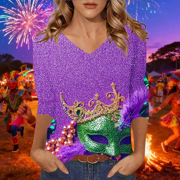 TaTaai Women's Fashion Christmas Printed Loose Casual V Neck With Three Quarter Sleeves And 3/4 Sleeves T-shirt Pullover Top Gift