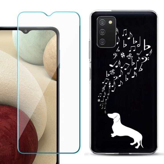 Slim-Fit TPU Fashion Phone Case for Samsung Galaxy A03s, with Tempered Glass Screen Protector, by OneToughShield ® - Dachshund/Puppy Music