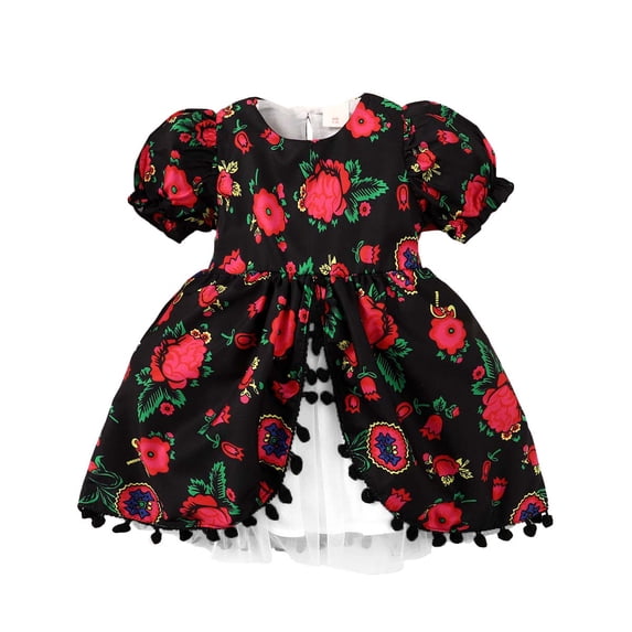 Kucnuzki Newborn Baby Girl Clothes 6 Months Summer Dress 9 Months Short Puff Sleeve Rose Prints Mesh Stitching Fringes Dress Black