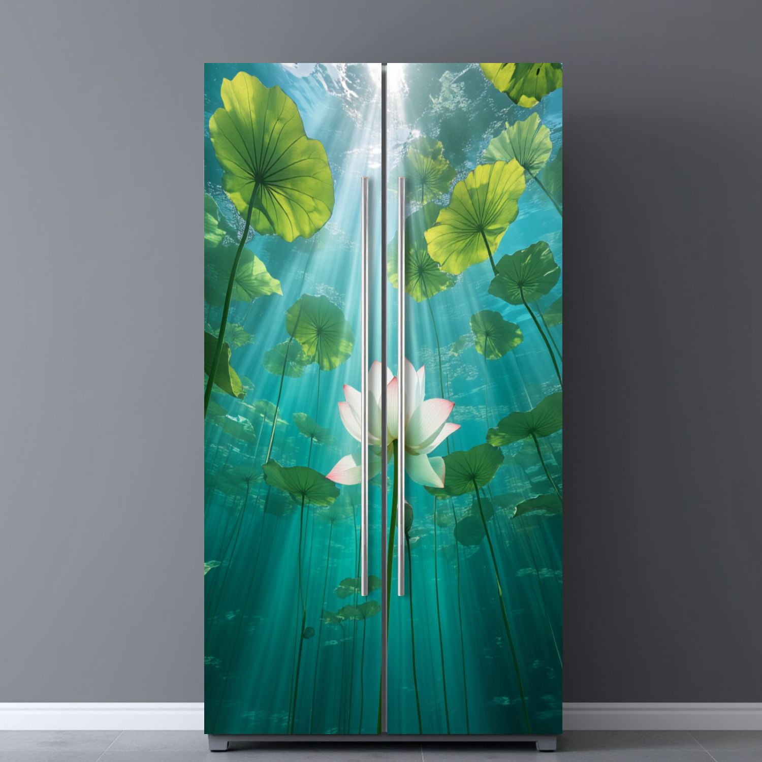 Self Adhesive Vinyl Refrigerator Wrap Set Zen Underwater Lotus Flower Sunlight Green Leaves Spiritual Door Mural Removable Fridge Sticker Peel and Stick&nbsp;Full Door Cover Decal Kitchen Bar Decor