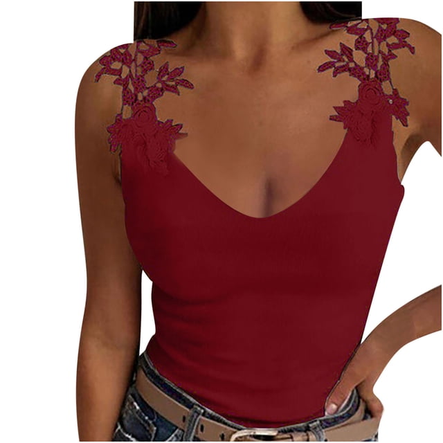 Camiseta Sin Mangas Para Mujer, Blusa Informal, Blusa Informal A La Moda Con Cuello en V Erógeno, Retales de Encaje Sólido, Camisetas Cortas, Chaleco Odeerbi ODB162093
