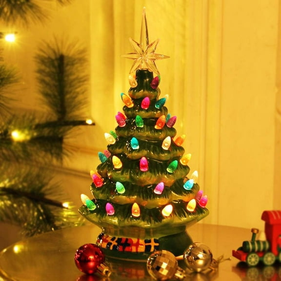 10" Ceramic Christmas Tree, Tabletop Christmas Tree Lights Decorations with 54 Multicolored Lights and 7 Point Star Topper for Christmas Table Decorations
