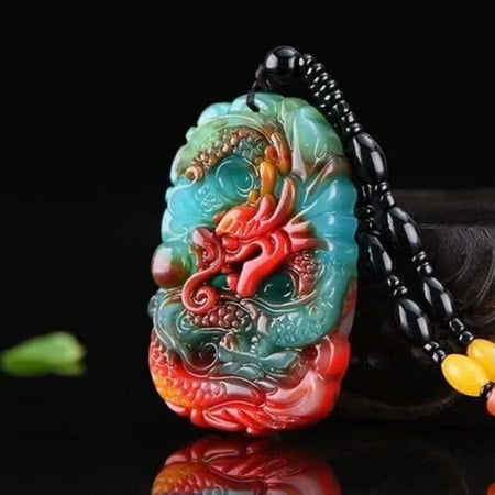 VIVIDELLE Pendant Necklace Jewelry Carved Amulet Gift Natural Colour Jade Dragon-2.08inch