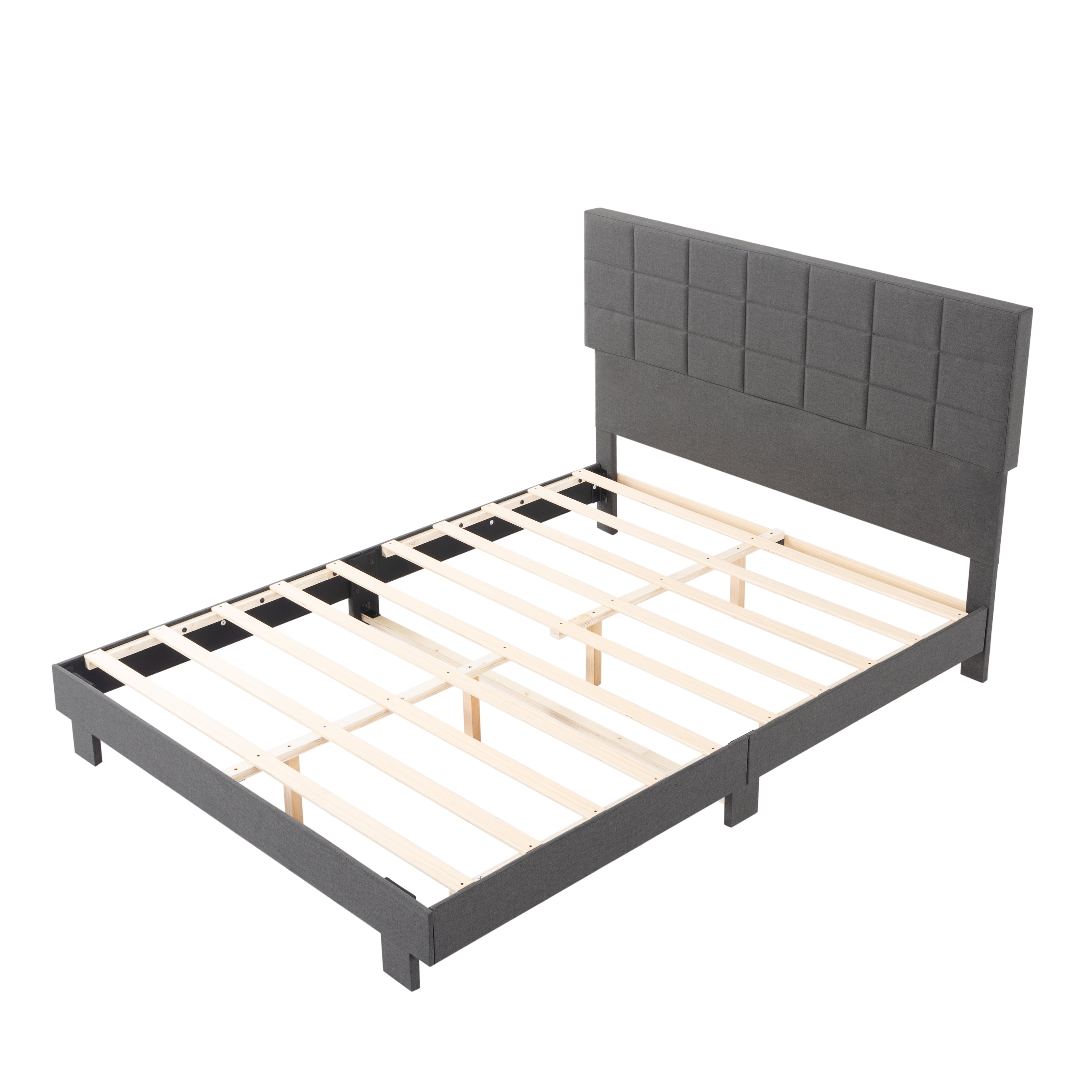 Gewnee Queen Size Platform Bed Frame, Adjustable Linen Upholstered Headboard, Wood Slats, Bedroom, Dark Grey