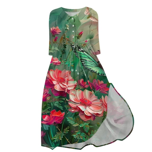 MIUOWANP Button Down Dress for Women Plus Size Hot Sell Casual Clothing Women's Casual Floral Loose Pleated Shirt Dress Size S Green