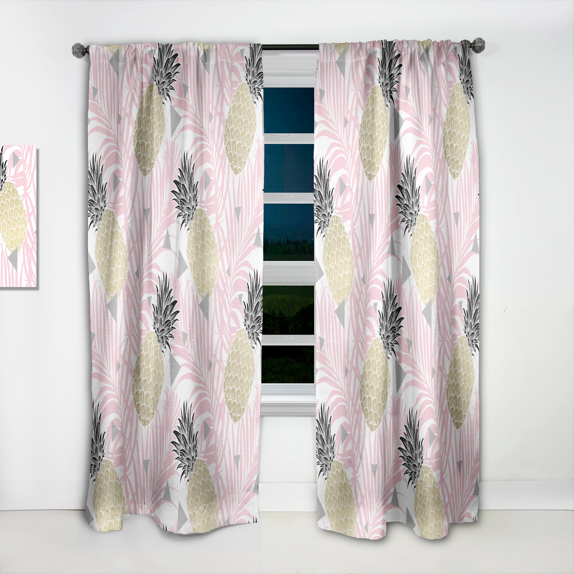 Designart 'Golden Pineapple With Pink Leaves' Mid-Century Modern Curtain Panel