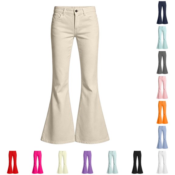 Trendfront Girls Classic Flare Leg Pants Button Zip Closure Mid Rise Belt Loop Design Full Length Casual School Outfit Bottoms