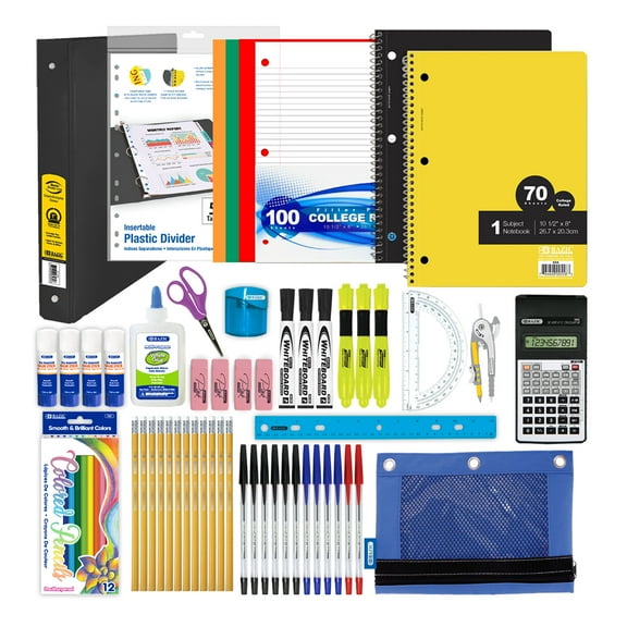 BAZIC Middle High School Kit Bundle Supplies Box 65 Count for Student 7-12 Grades, Bazic Products School Supplies Composition Books Binder and more, SPEC MAY VARY, 1-Pack
