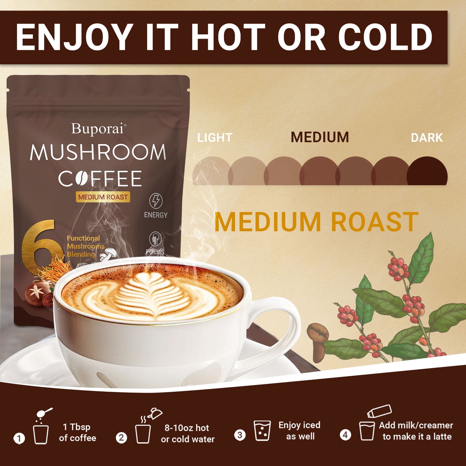 Mushroom Coffee - Instant Coffee - with Lion’s Mane, Cordyceps, Turkey Tail & Other - for Energy, Focus, Digestion, Immunity - 35 Servings (7.4oz)