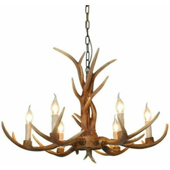 Antler Chandelier, 6-Lights Rustic Deer Horn Shape Chandelier with Resin Lamp Body & 6 Lamp Holders, 110V Vintage Pendant Light Ceiling Lamp Fixture for Living Room Bedroom Dining Room Kitchen