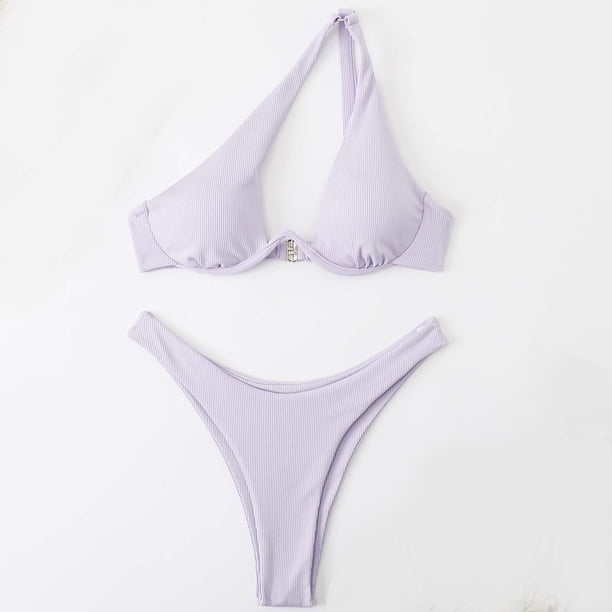 Traje de baño para mujer, bikini de dos piezas con hombros descubiertos y soporte de acero, color liso, trajes de baño para mujer, conjuntos de bikini para mujer, trajes de baño de bikini para mujer