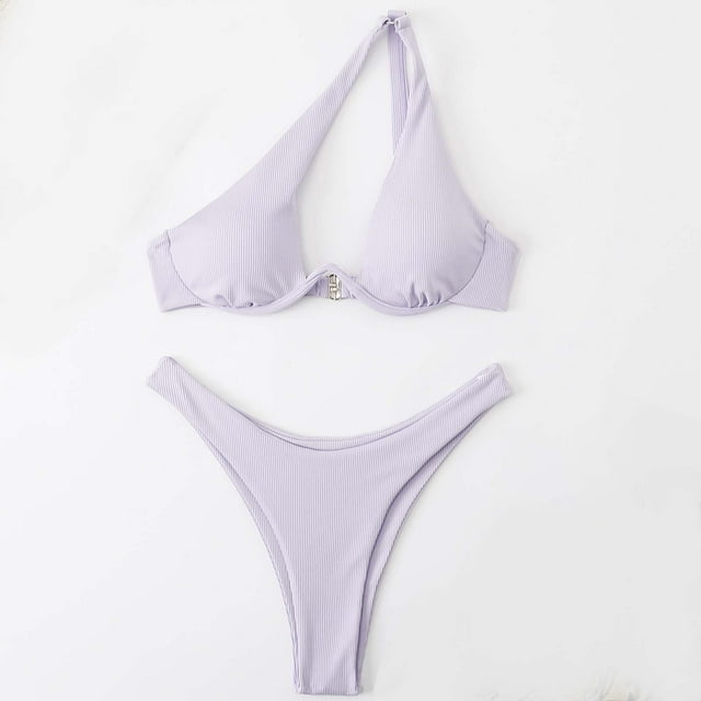 Cameland Ladies' Sexy Split Shoulder Steel Support Bikini Solid Color Two-piece Swimsuit