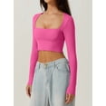thumbnail image 2 of Women'S Square Neck Long Sleeve Double Lined Slim Fitted Casual Basic Crop Top Rose Red M, 2 of 6