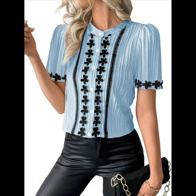 Blusas de Trabajo para Mujer, con Botones, Larga, Cuello en V, Encaje, Informal, con Botones, Camisas de Moda de Otoño, Azul, Talla M