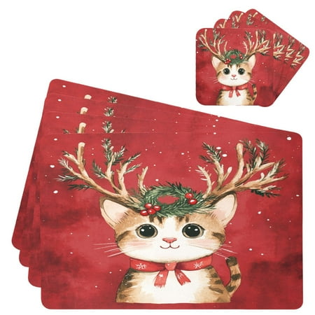 

Wobogo Watercolor Painting Of A Cute Cat Placemats Coasters Set of 4 Heat-resistant Non-slip Easy to Clean Square Dinner Plate Mat
