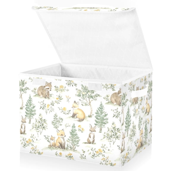 Yayeee Collapsible Cube Storage Bin with Lid Fabric Closet Decorative Basket with Handles, Watercolor Forest Pattern