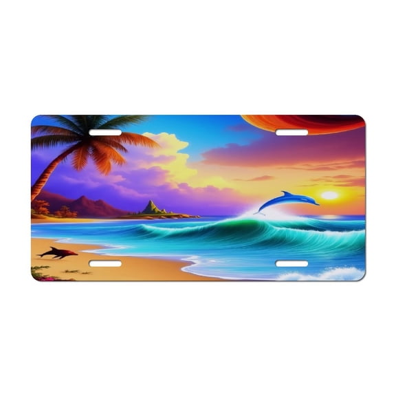 Tropical Sunset Dolphin Paradise License Plate Lightweight Aluminum Automotive Decoration Vanity Tag for Front Back Car 12x6 Inch
