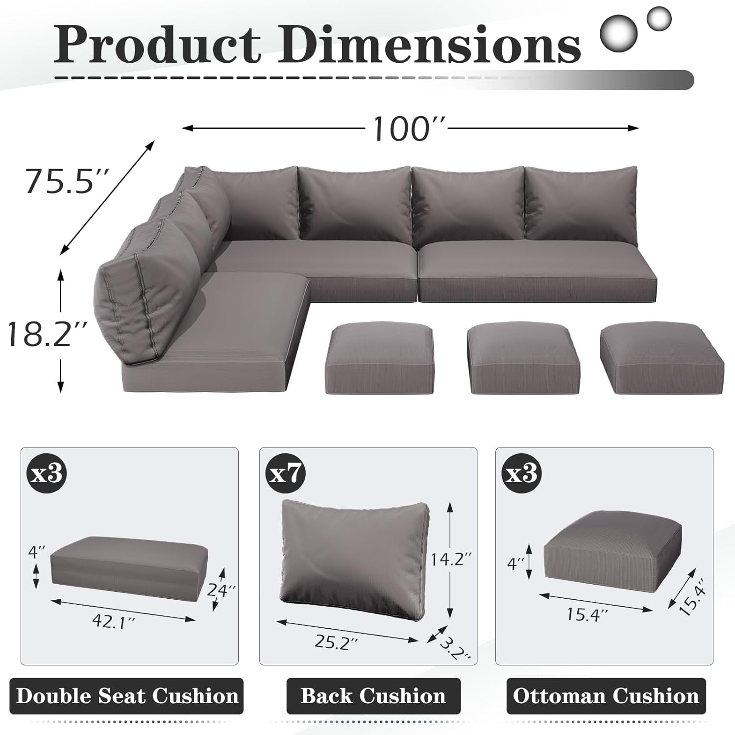 YODOLLA Outdoor Cushions, 4 inch Patio Cushions for Outdoor Furniture, Replacement Cushions Fits 7-Seats Sectional Rattan Conversation Set, Splashproof, Memory Foam Cushions and Covers (Dark Grey)