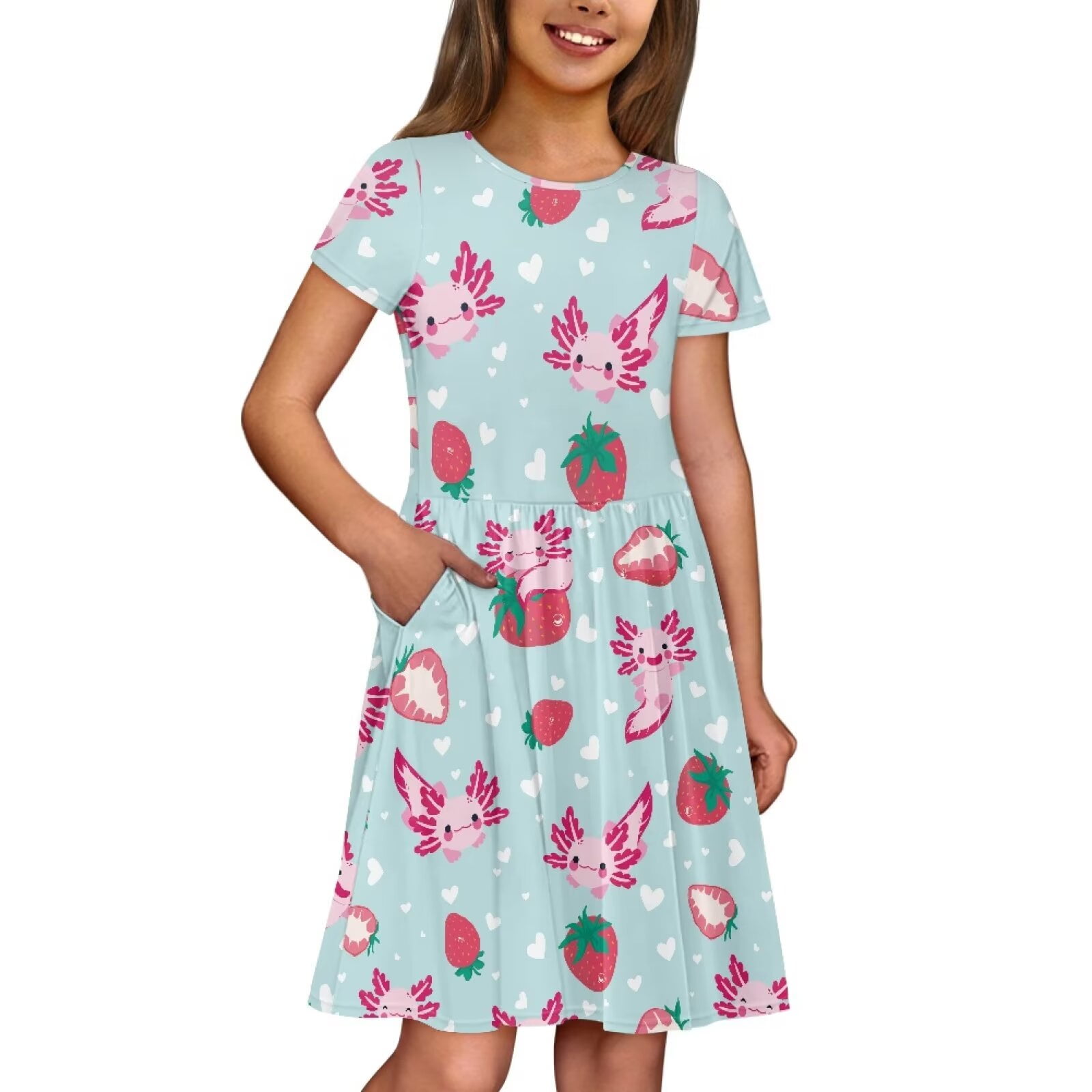 Uourmeti Axolotl Short Sleeve Dresses for Toddler Girls Cute Swing Dress Strawberries Summer Soft Crew Neck Knee Length A-Line Dresses with Pockets