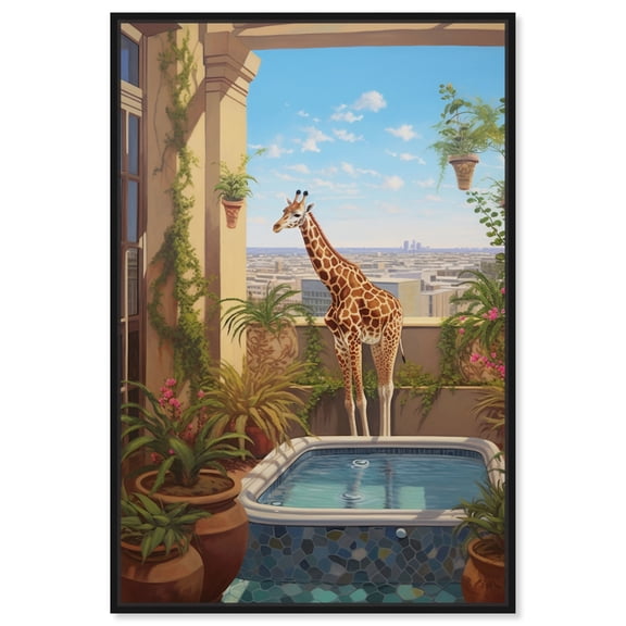Giraffe Hot Tub Canvas Tropical Bathroom Wall Art by Art Remedy, Black Frame, 10" x 15"