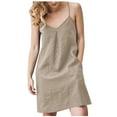 thumbnail image 2 of Breaise Womens Linen Spaghetti Strap Sleeveless Summer Mini Dresses Solid Loose Fit Short Cami Dresses with Pockets Beach Party Sundresses Cotton Linen Dresses for Women Beige S, 2 of 6