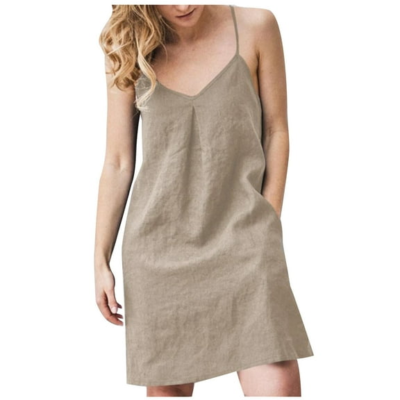 Wycnly Dresses for Women Vintage Cotton Linen Loose Spaghetti Strap Mini Dresses with Pocket V-Neck Sleeveless Solid Summer Short Formal Dress Beige l