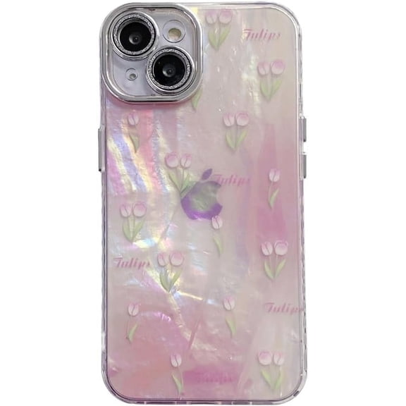 Designed for iPhone Case,Cute Tulip Blu-ray Colorful Pattern Rhinestone Camera Lens Protection Shockproof Protective Cover Phone Case (Pink,iPhone 13 Pro Max)