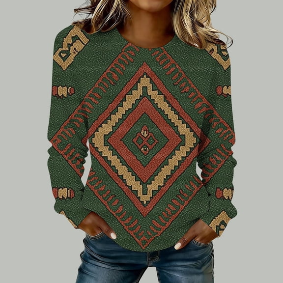 Southwestern Graphic Sweatshirt for Women Vintage Aztec Pattern Crewneck Long Sleeve Loose Fit Casual Pullover Top for Daily Wear Autumn Winter Fashion Clothes