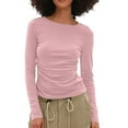 thumbnail image 5 of TKLPEHG Womens Tops Long Sleeve Crew Neck Pleated Slim Tops Classic Solid Color Lightweight Fashion Loose Casual Blouse (Pink,L), 5 of 7