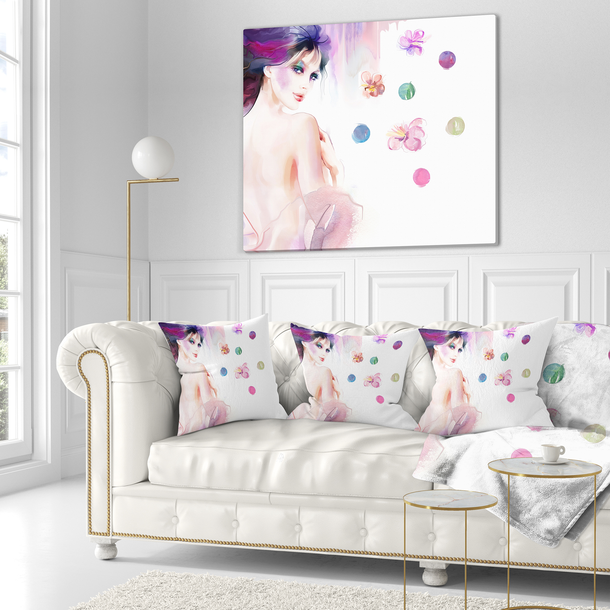 Designart Fashion Woman with Purple Shade - Watercolor Painting Throw Pillow - 16x16