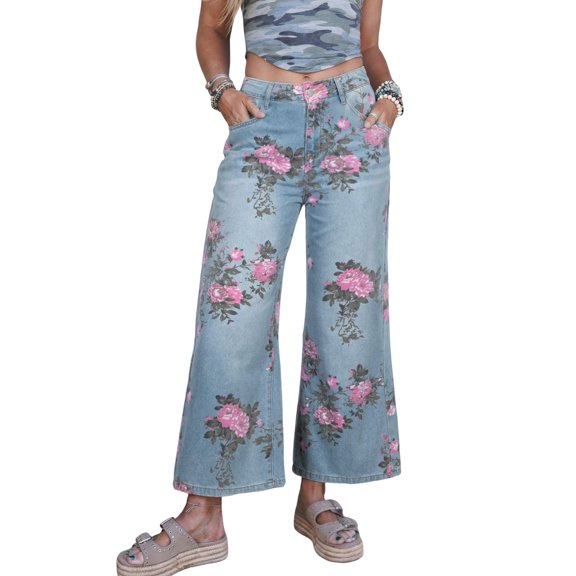 Sky Blue Floral Print Bootcut Jeans for Women – Casual All-Season Denim with Natural Waist, 16
