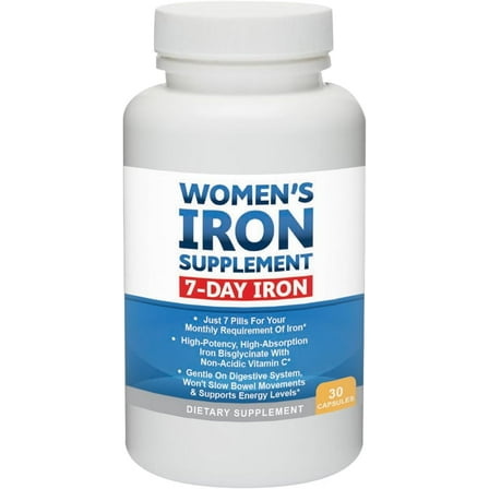 Women’s Iron Supplement, Bis-Glycinate 80mg, 7 Pills for 30 Days, 30 Capsules