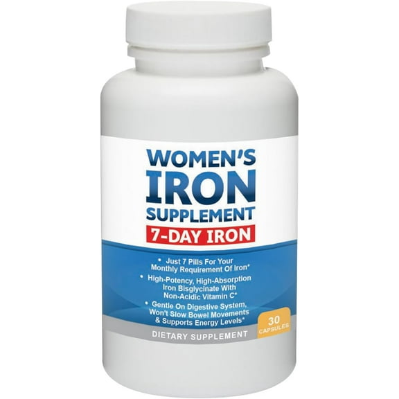 Women’s Iron Supplement, Bis-Glycinate 80mg, 7 Pills for 30 Days, 30 Capsules