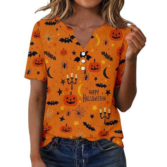 Women's V-Neck T-Shirt with Allover Pumpkin Bat Moon Graphic Button Detail Short Sleeve Tee Fall Festival Streetwear Style Top